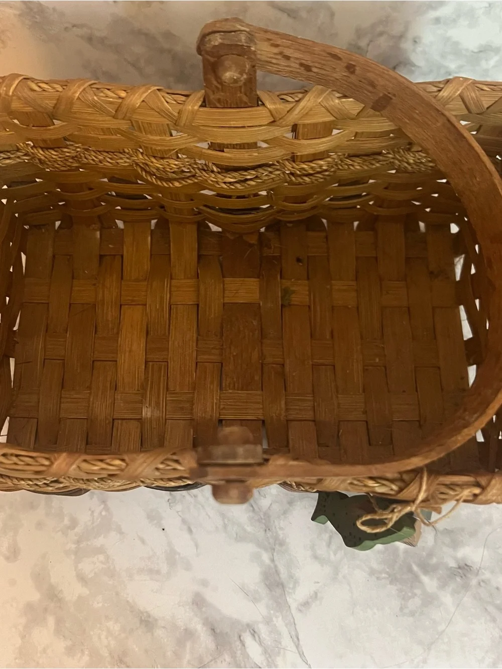 Vintage Brown Woven Basket with Wooden Handle and Fish Charm